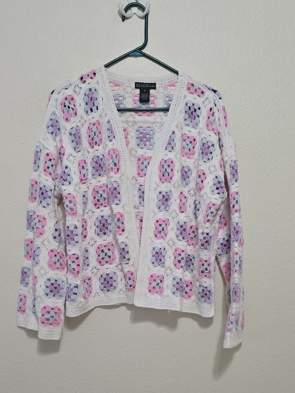 Crochet‎ Open-Front Cardigan in White with Pink & Lavender Accents